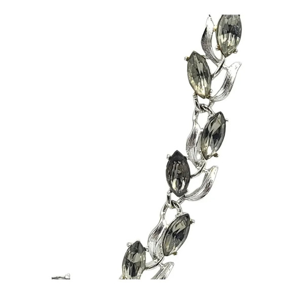 Silver Toned Floral Leaf Gray Rhinestone Adjustable Choker Necklace Vintage - Picture 4 of 7